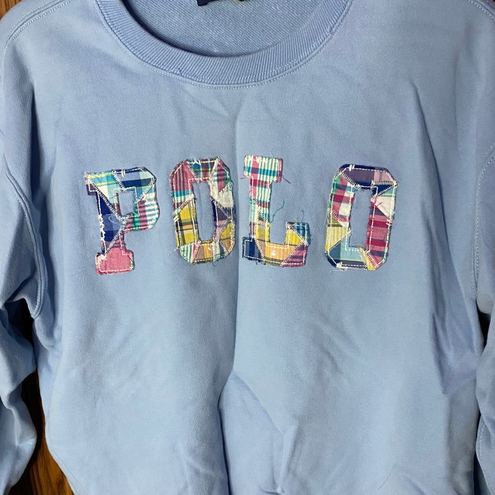 Polo Ralph Lauren Sweatshirt Women S Light Blue Plaid Patchwork Logo Pullover - Picture 2 of 5